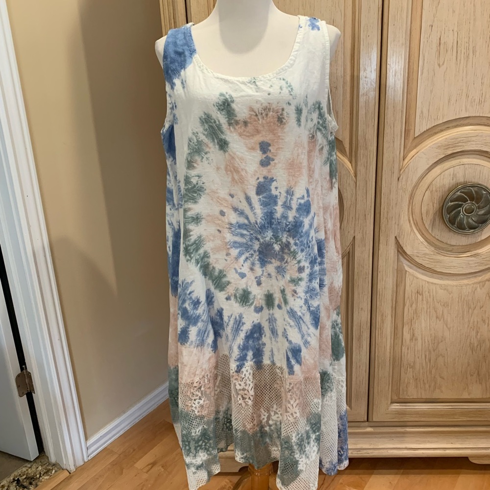 Shyloh Italy Linen Tie Dye Embroidered Hi-Lo Sun Dress with pocketsOne Size~NWT